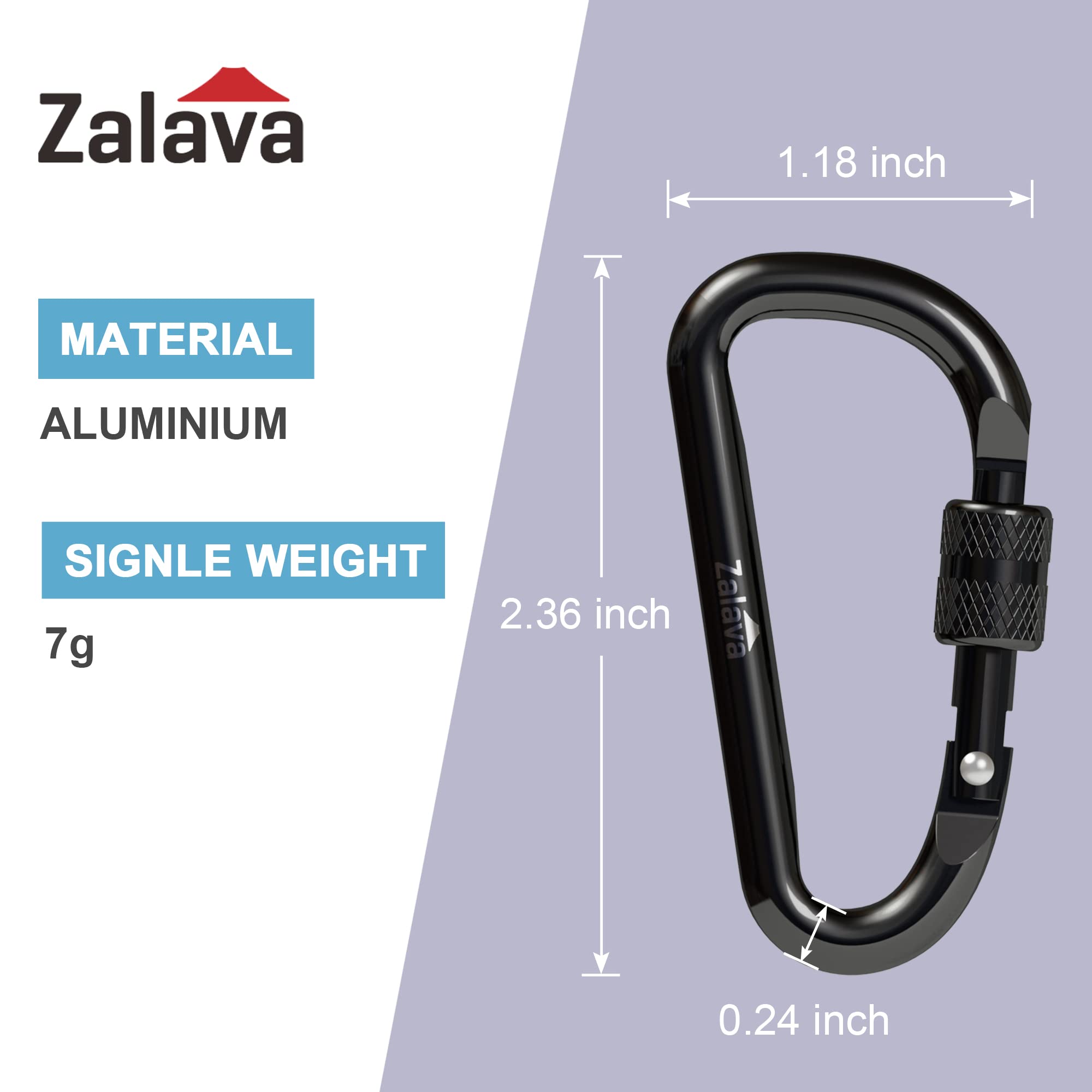 Zalava 6 Pcs 2D-Clip Durable Locking Carabiner Keychain Clip,Keychain Clip Hook,Black