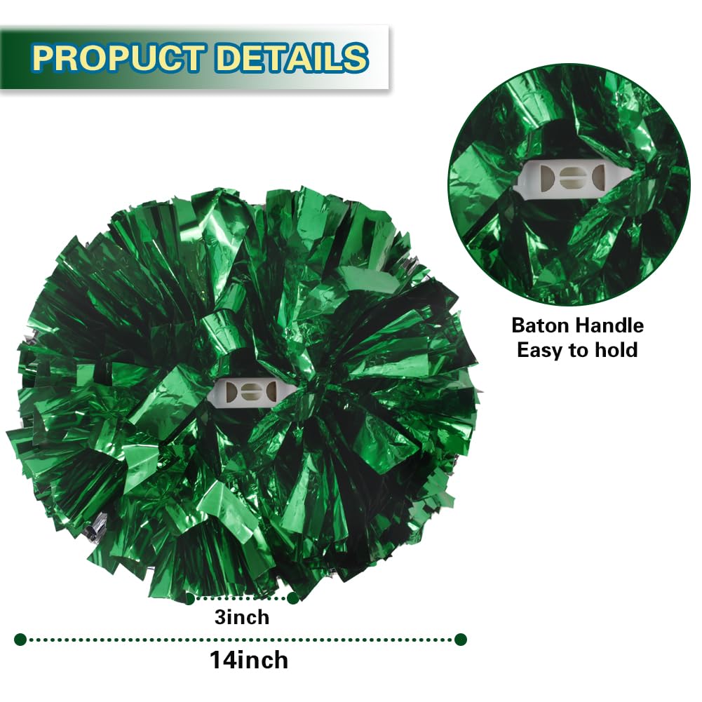 Lovecheer 2Pcs Pom Poms Cheerleading Metallic Green Pom Poms Cheer With Baton Handle For Sports Team Spirit Party Cheering