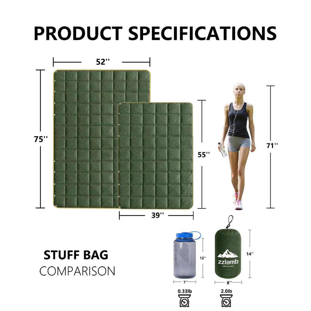 Zzlamb Puffy Camping Blanket For Adults, Compact Soft Warm Blanket Water-Repellent, Packable Lightweight Quilt Down Alternative
