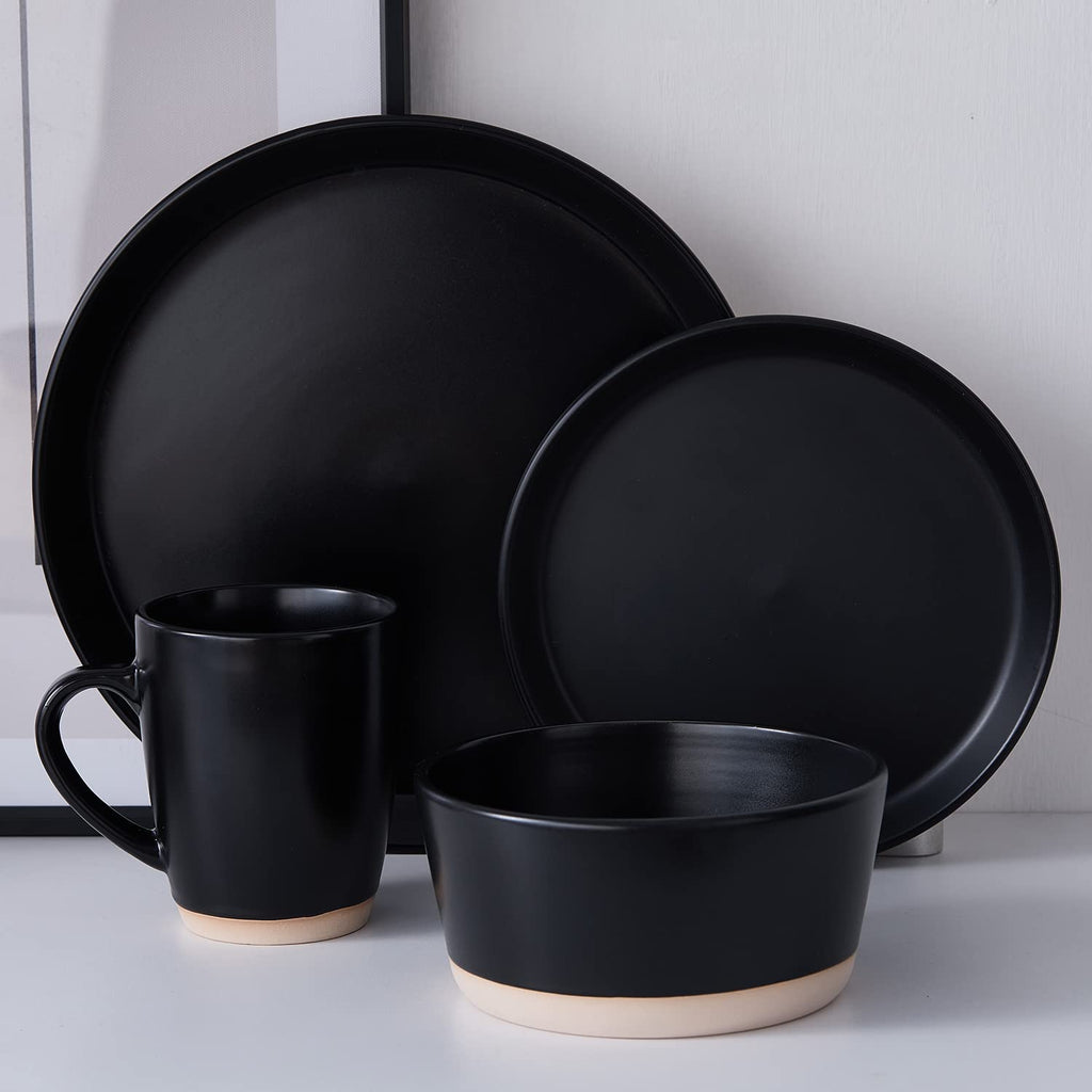Stone Lain Jules Stoneware Round Dinnerware Set, Black,16-Piece Service For 4