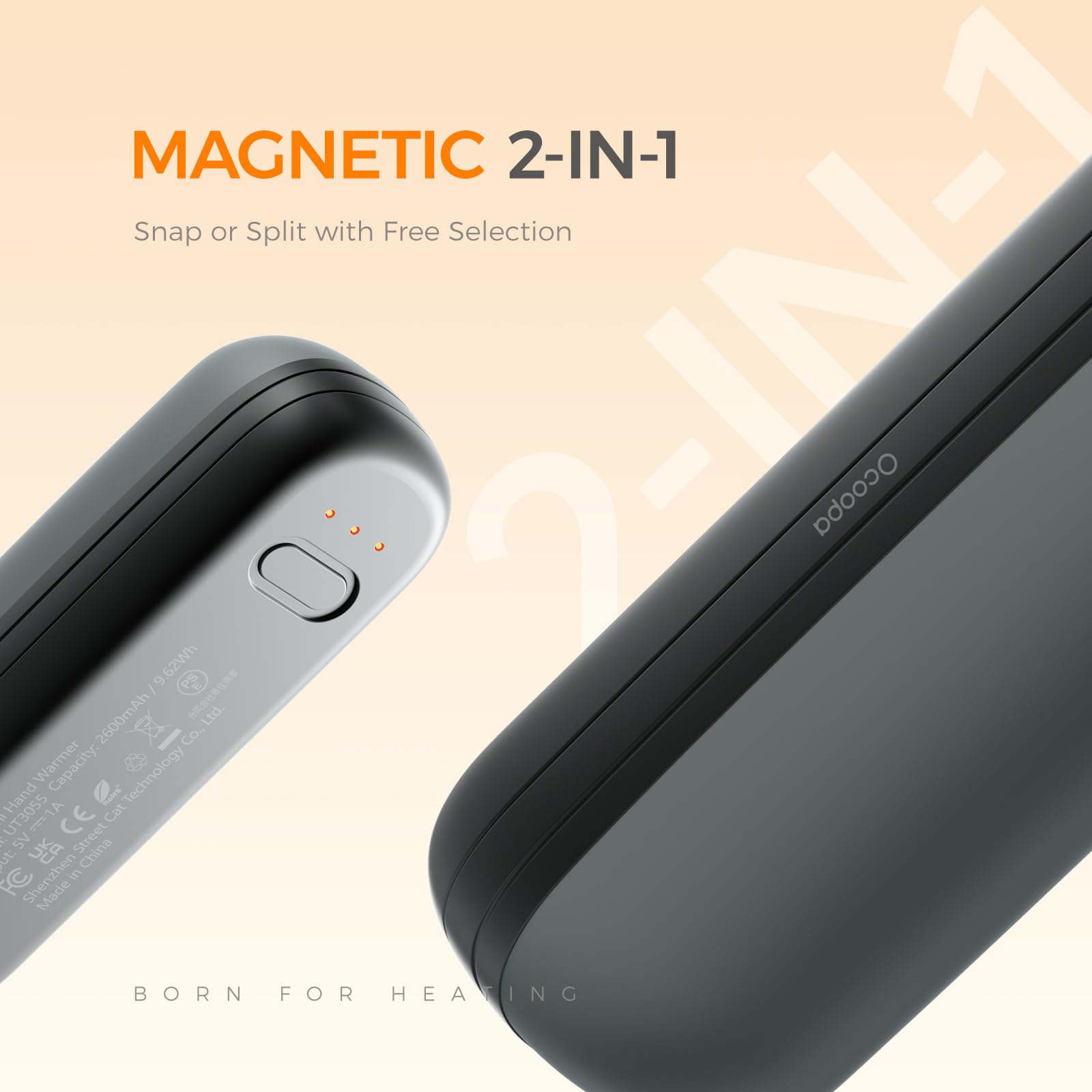 Ocoopa 2 In 1 Magnetic Rechargeable Hand Warmers, Ut2S Mini Electric Handwarmers, Split Usb-C, Reusable With 3 Heat Levels And M
