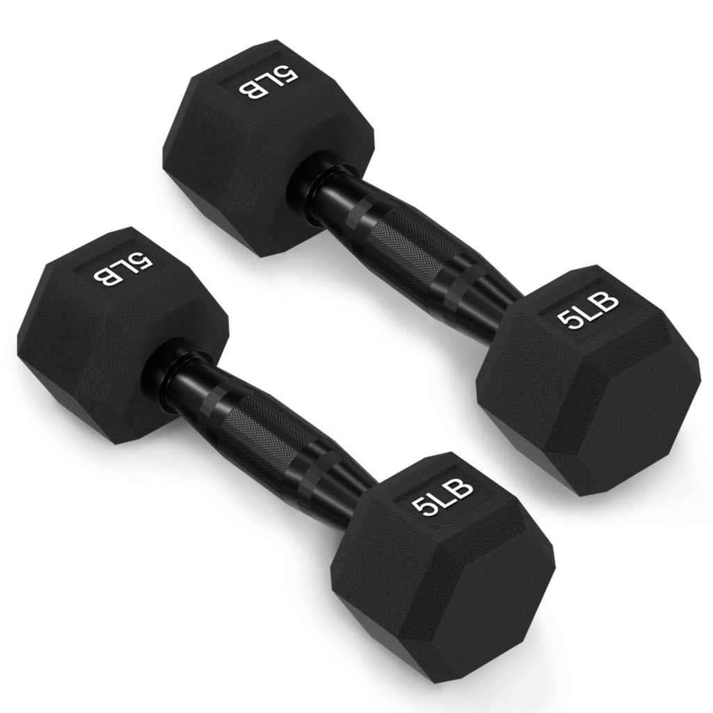 Fitvids Rubber Encased Exercise & Fitness Hex Dumbbell, Hand Weights With Anti-Slip Metal Handle For Home Gym, Multiple Sizes, 5