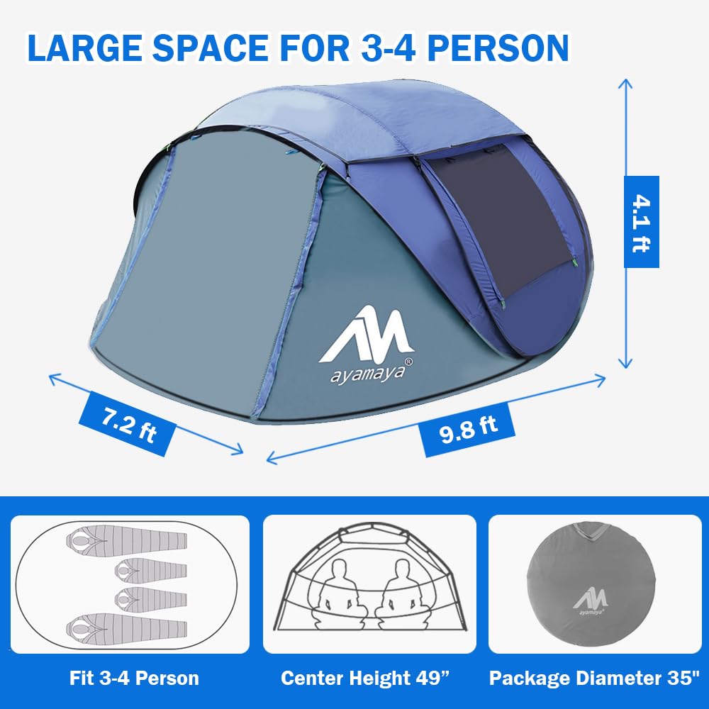 4 Person Pop Up Tents For Camping - Ayamaya Waterproof Instant Family Tents With Skylight & Removable Rainfly, Upgraded Large Si