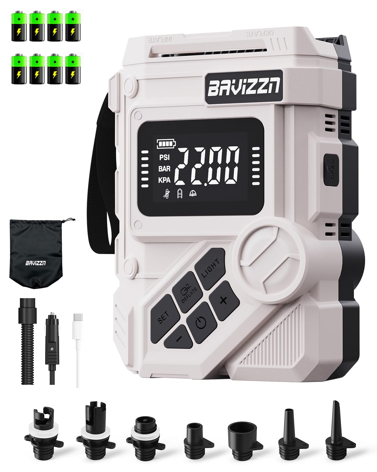 BAVIZZN 59.2Wh 22PSI Rechargeable SUP Pump, Dual Stage Electric Paddle Board Pump with Auto-Off LCD, 12V Car/Type-C Input, Batte