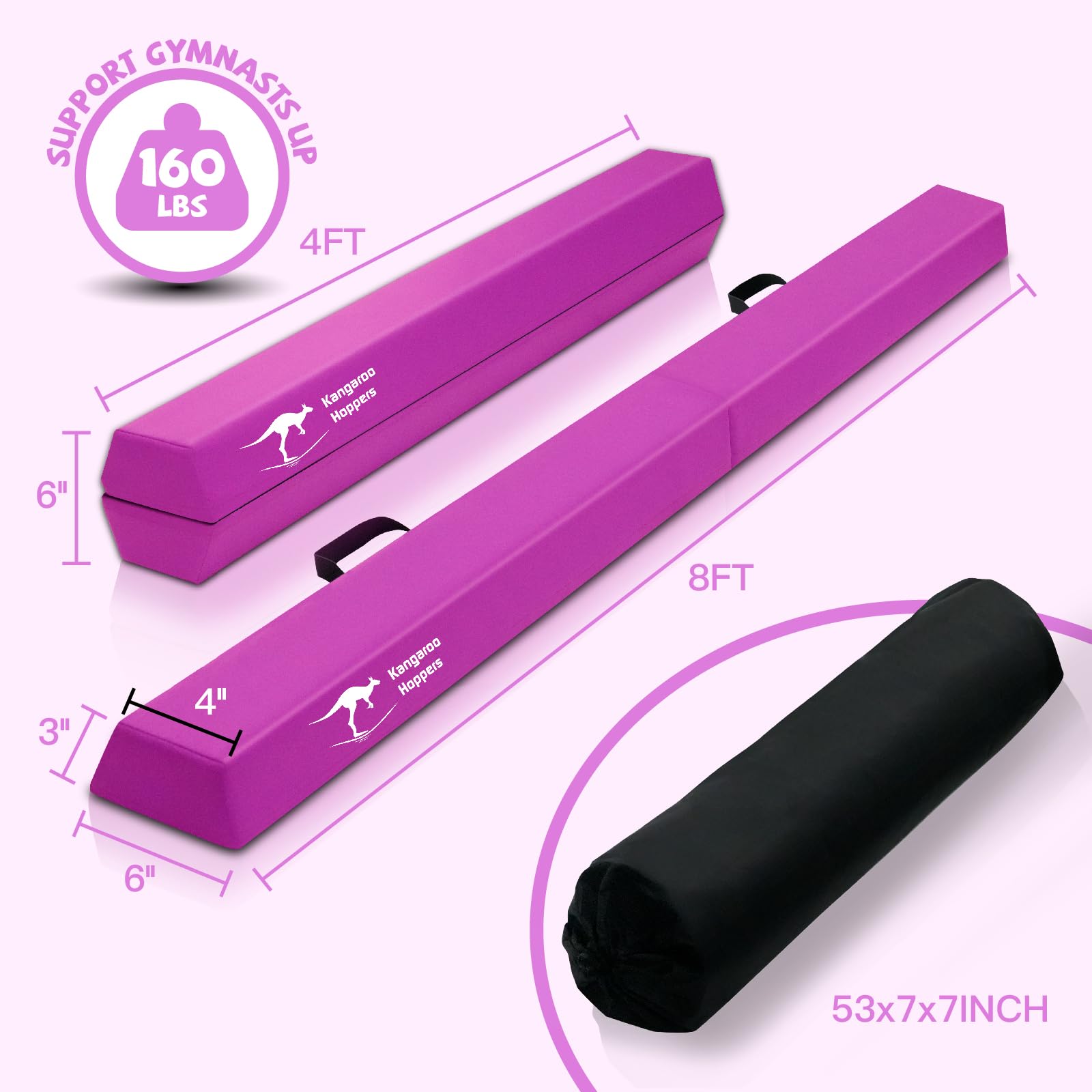 Kangaroo Hoppers 8Ft Gymnastics Balance Beam For Kids - Folding Extra Firm Foam Floor Beam -Beginners And Professionals Home Tra
