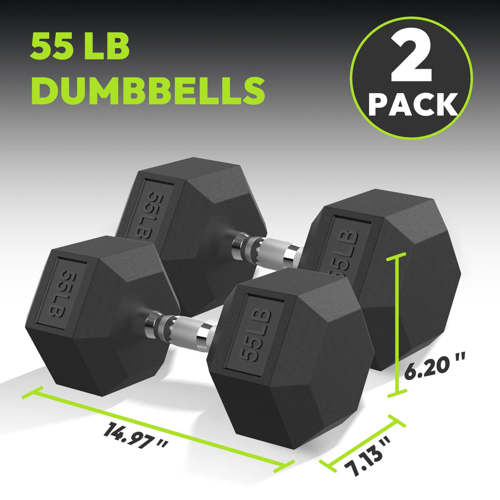 Hex Dumbbell Rubber Encased Strength Training Dumbbells, Hand Weight For Workout & Exercise/Pair of 55LB