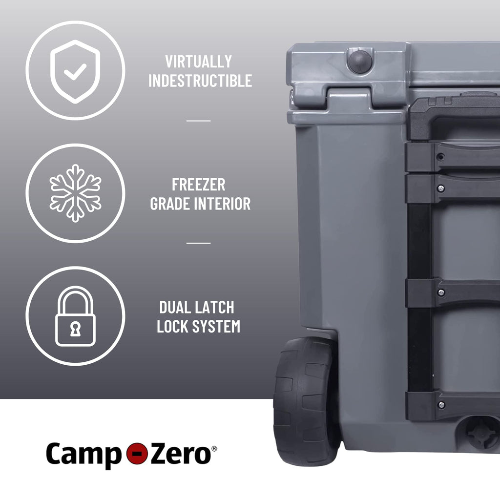 Camp-Zero 52 Quart Wheeled Cooler/Ice Chest With Extendable Handle & Oversized Flat-Free Easy-Roll Wheels  For Camping Trips, Be