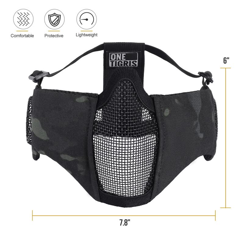 Onetigris 6'' Foldable Half Face Mesh Mask With Ear Protection, Tactical Lower Face Protective Mask (Camo Black)