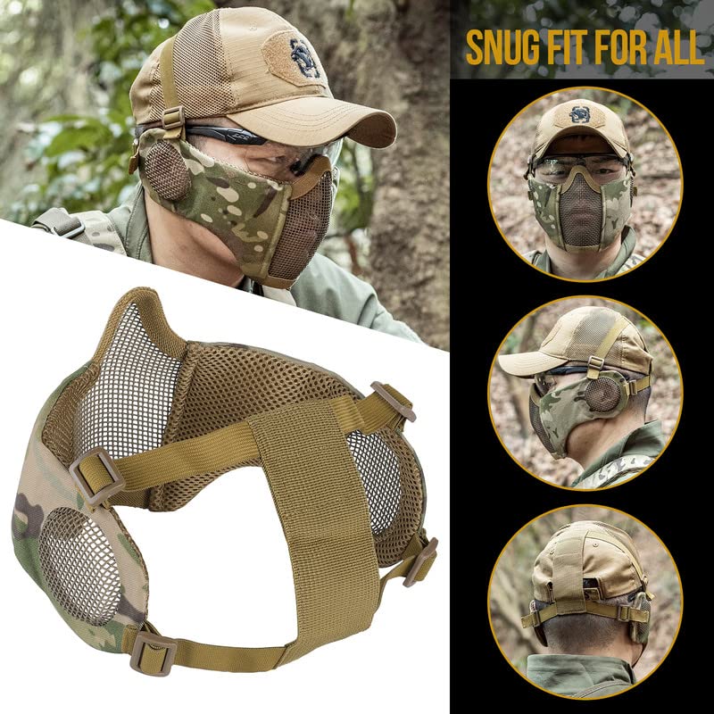 Onetigris 6'' Foldable Half Face Mesh Mask With Ear Protection, Tactical Lower Face Protective Mask (Camo Color)