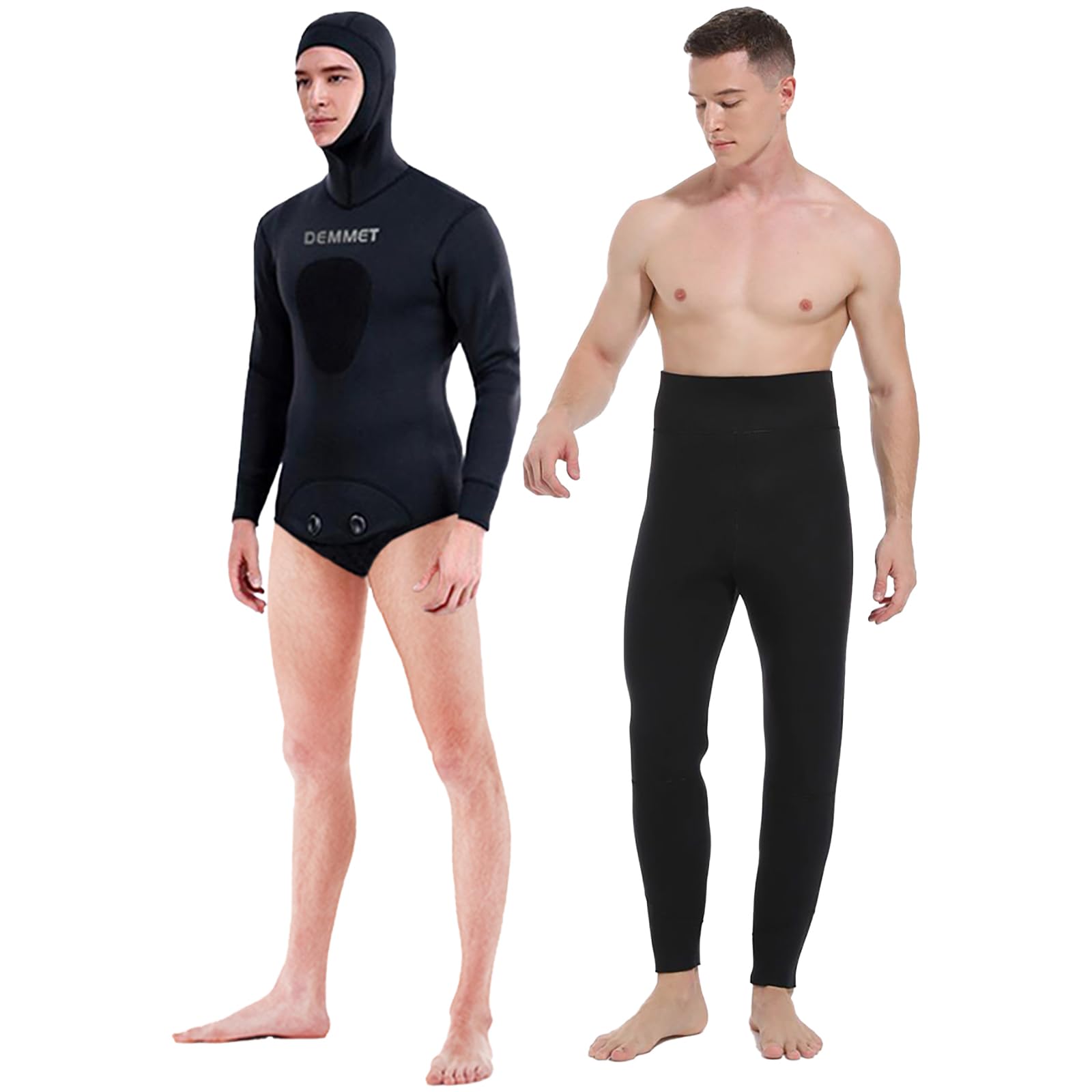Men Neoprene 7MM Spearfishing Wetsuit with Hooded, 2 Pieces Long Sleeve Hunting Diving Suit with Loading Chest Pad for Cool Wate