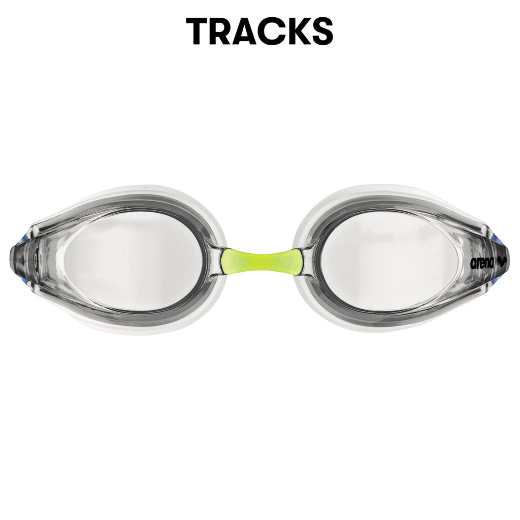 Arena Tracks Swim Goggles, White  Clear  Blue, Non-Mirror Lens