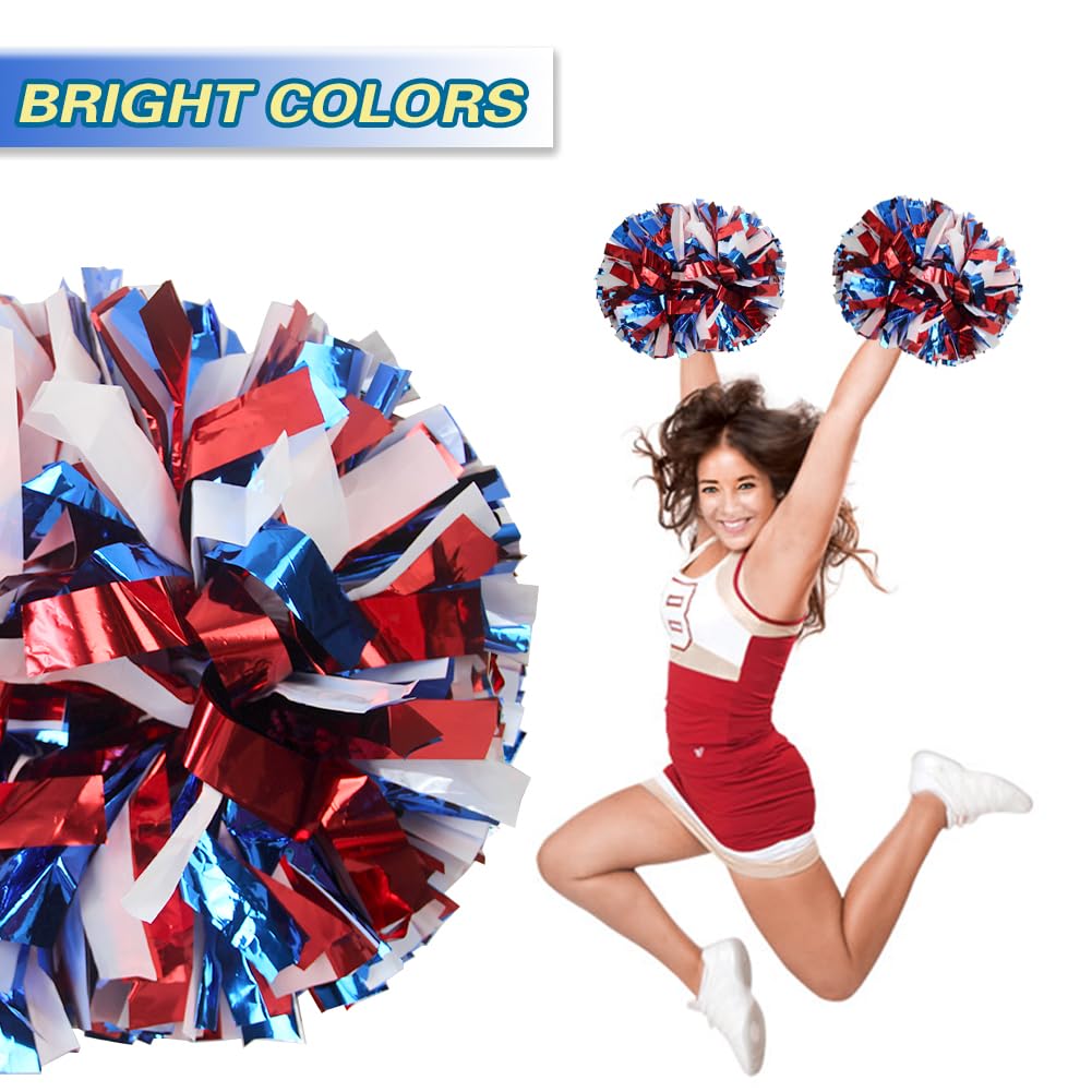 Lovecheer 2Pcs Pom Poms Cheerleading Blue And Red And White Metallic Cheer Pom Poms With Baton Handle For Sports Team Spirit Par