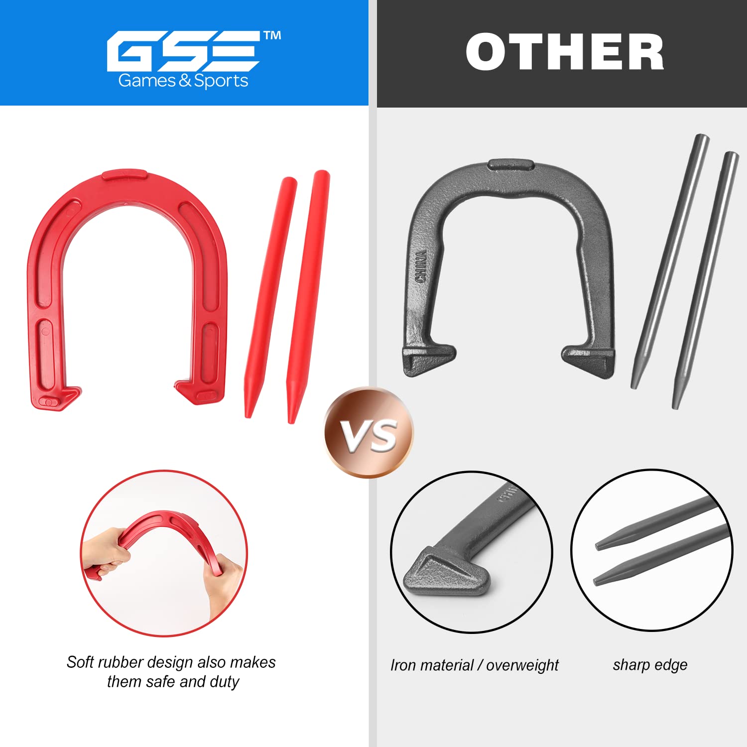 Gse Indoor And Outdoor Rubber Horseshoe Game Set, 4 Horseshoes (2 Red/2 Blue), 2 Rubber Mats With Posts, And 2 Plastic Stakes