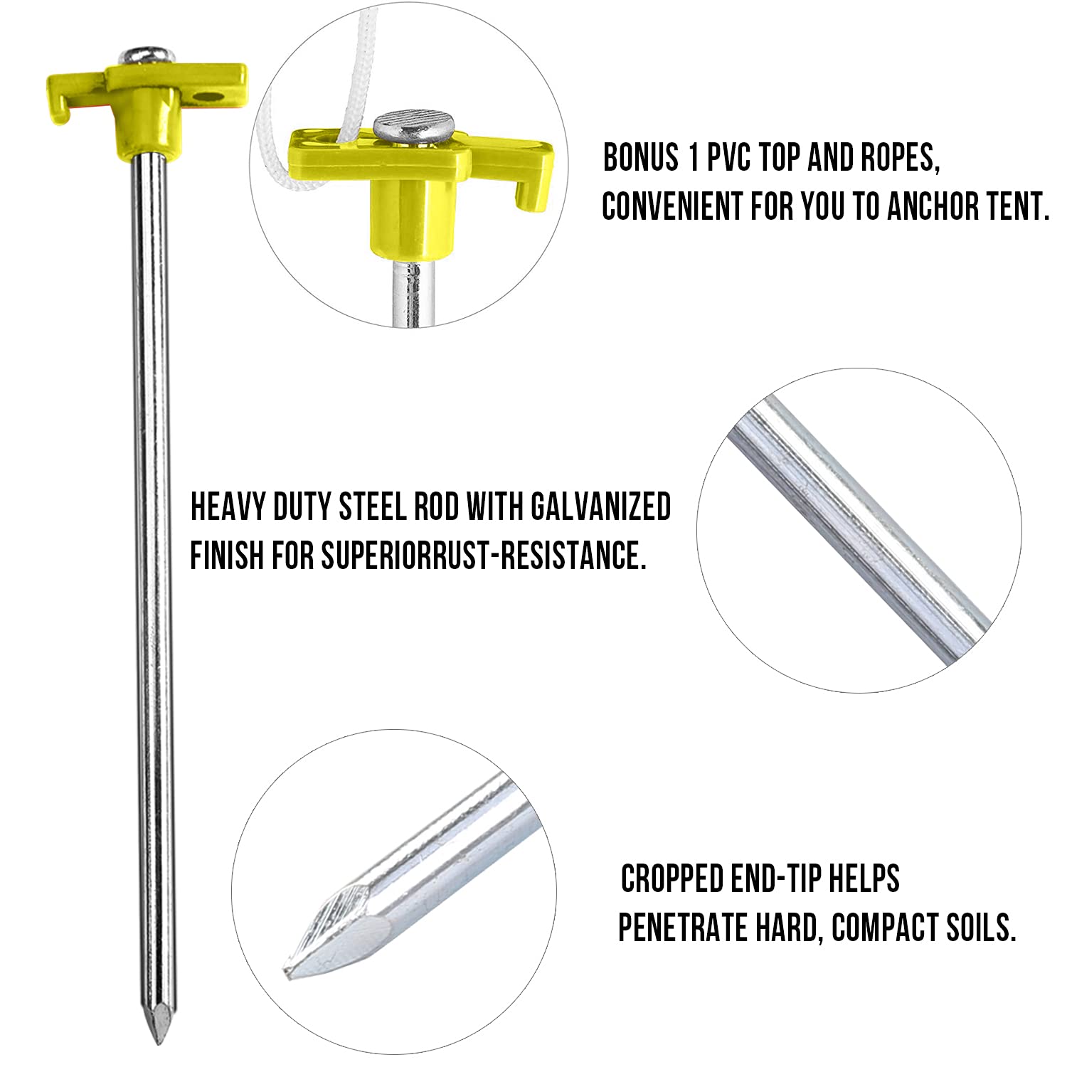 Abccanopy 15 Inch Tent Stakes 10 Pcs Non-Rust Metal Ground Anchors, Heavy Duty Spikes With 4 Ropes For Outdoor Camping, Yellow