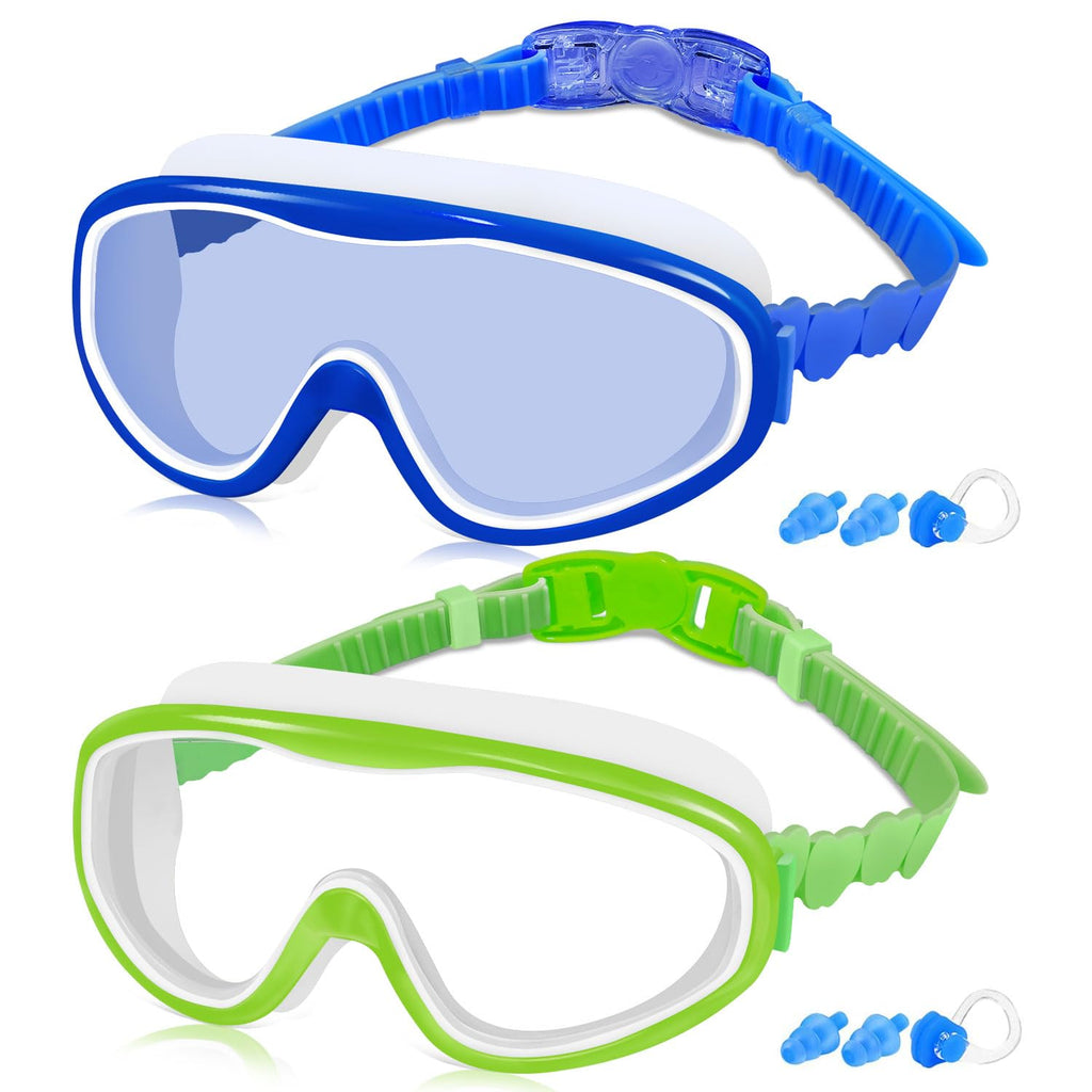 Cooloo Kids Swim Goggles For Age 3-15, 2 Pack Kids Goggles For Swimming With Nose Cover, No Leaking, Anti-Fog, Waterproof, Blue+