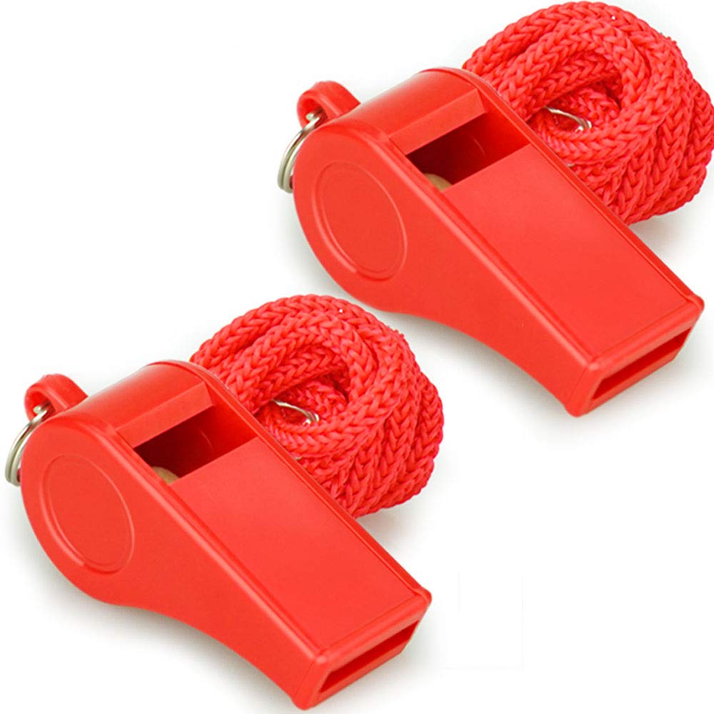 Hipat Red Emergency Whistles With Lanyard, Loud Crisp Sound, 2 Packs Plastic Whistles Ideal For Lifeguard, Self-Defense And Emer