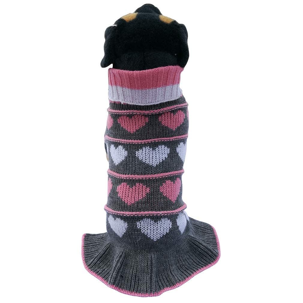 Jecikelon Pet Dog Long Sweaters Dress Knitwear Turtleneck Pullover Warm Winter Puppy Sweater Long Dresses (Grey Heart, X-Small)