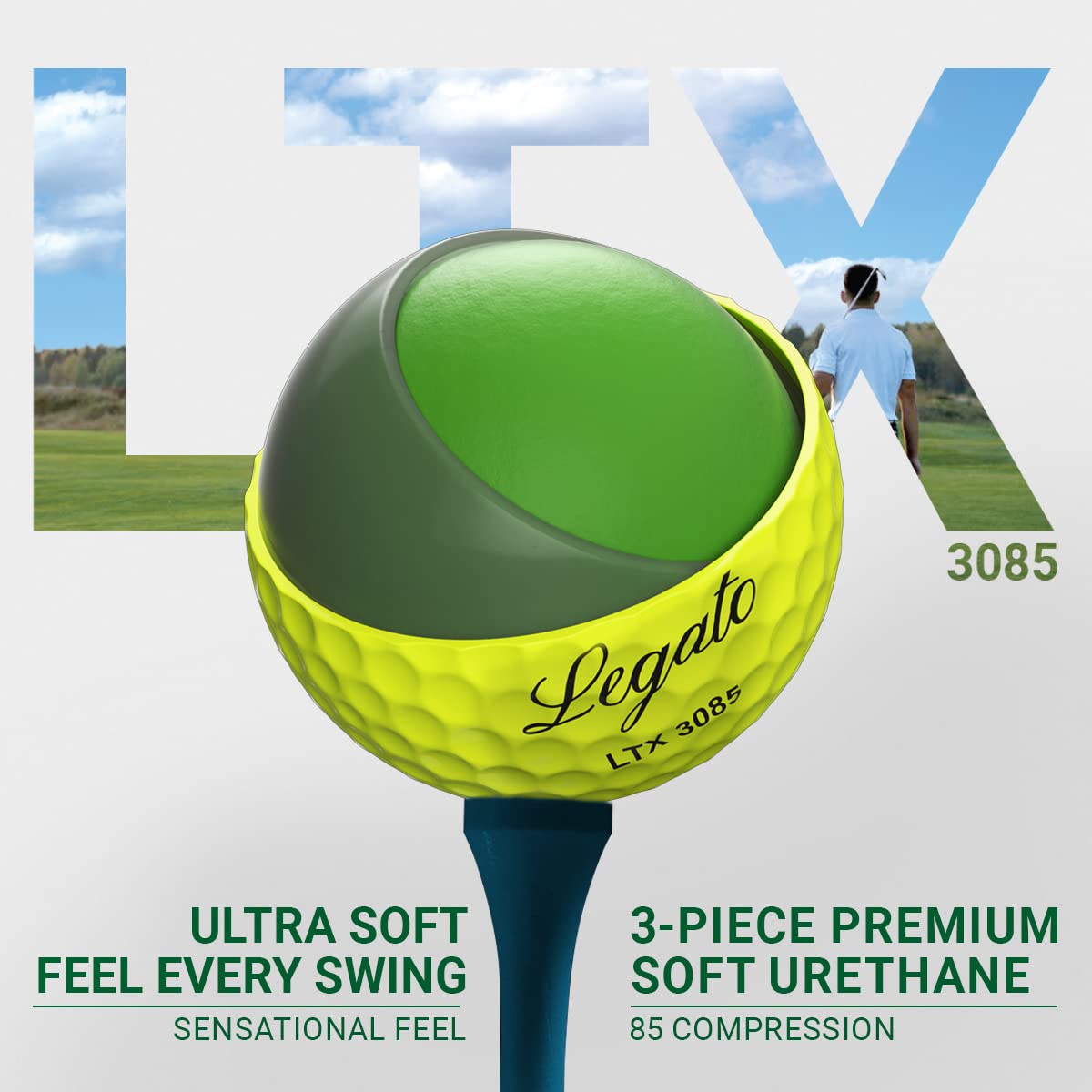Legato Golf Balls, Ltx 3085 | Designed To Help Golfers Break 90 | Maximized Long Distance With Soft Feel | 3 Piece | Urethane Co
