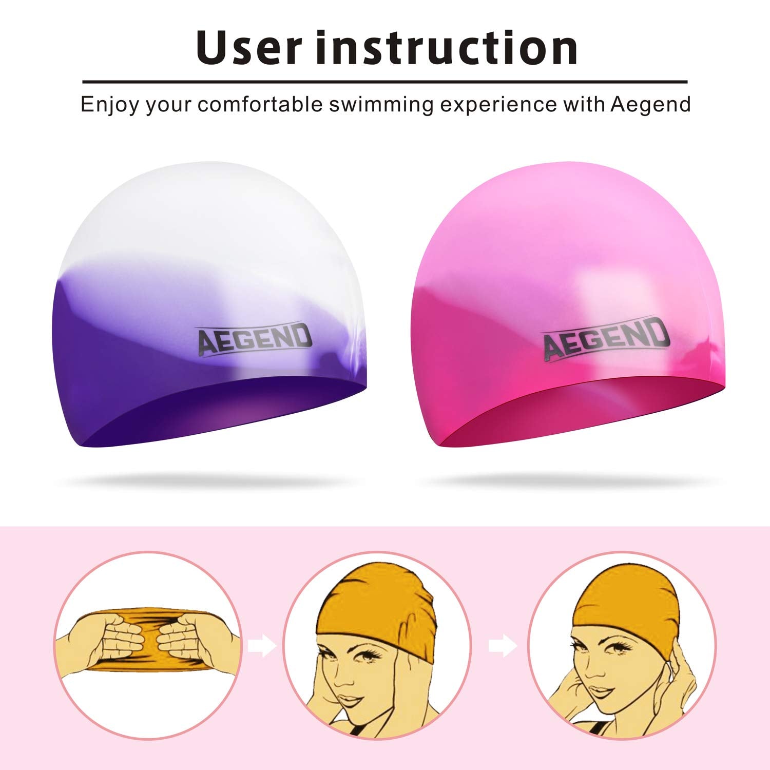 Aegend Kids Swim Cap (Age 4-8), 2 Pack, Purple & Pink