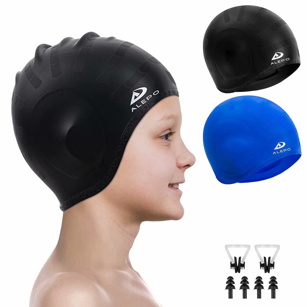 2 Pack Kids Swim Caps For Boys Girls, Durable Silicone Swimming Cap With 3D Ear Pockets For Age 3-15 Toddler Child Youth Teen, U