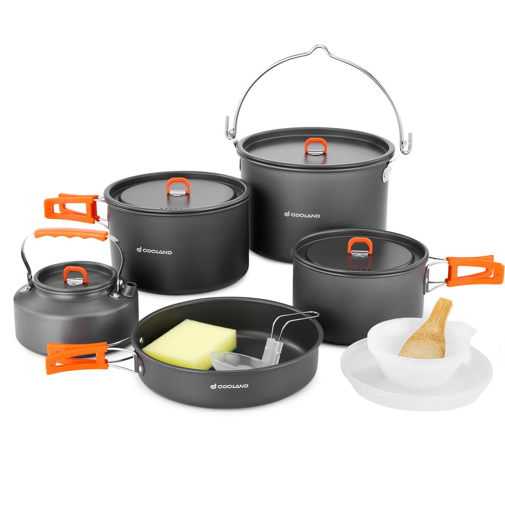 Odoland 18Pcs Camping Cookware Large Size Hanging Pot Pan Kettle Set With Plastic Plates Bowls Soup Spoon For Camping, Backpacki