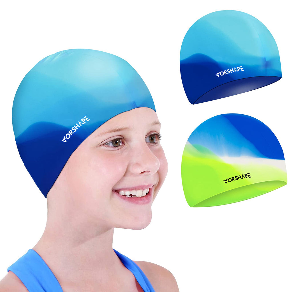 Vorshape Swim Cap Kids (2 Pack), Durable Waterproof Swimming Cap For Girls Boys Teens Toddler, Comfortable Fit For Long Hair And