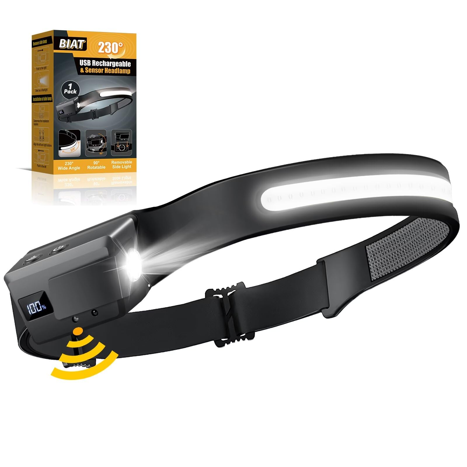 LED Headlamp Rechargeable, 230 Wide Beam Headlight with Motion Sensor, 90 Rotation and Removable Head Lights for Forehead, 5Mode