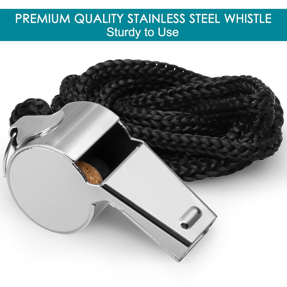 Finegood 5 Packs Stainless Steel Whistle, Loud Metal Whistle With Lanyard For Referees Coaches Lifeguards Survival Emergency Foo