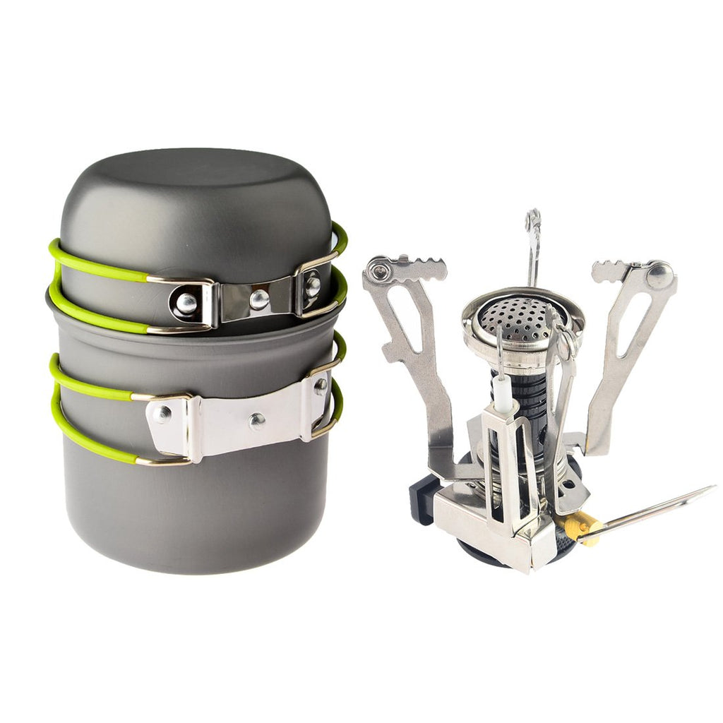 Camp Stove,Petforu Outdoor Camping Stove Cookware Hiking Backpacking Picnic Cookware Cooking Tool Set Pot Pan + Piezo Ignition C