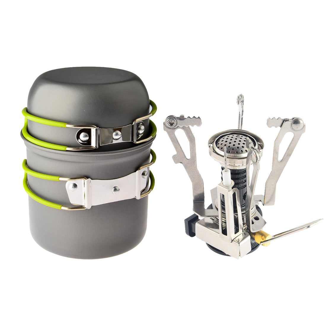 Camp Stove,Petforu Outdoor Camping Stove Cookware Hiking Backpacking Picnic Cookware Cooking Tool Set Pot Pan + Piezo Ignition C