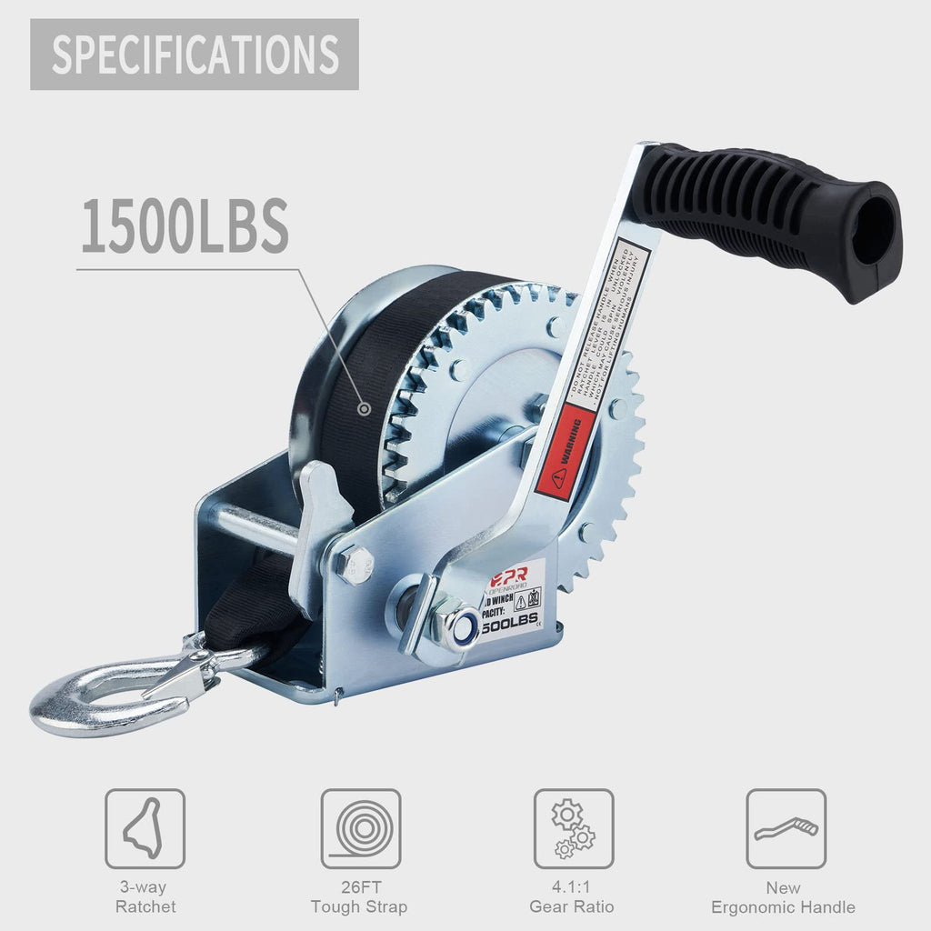 Openroad Boat Winch 1500Lbs Hand Winch,For Boat Trailer Towing Winch, With 26Ft Black Strap And Brake Ratchet