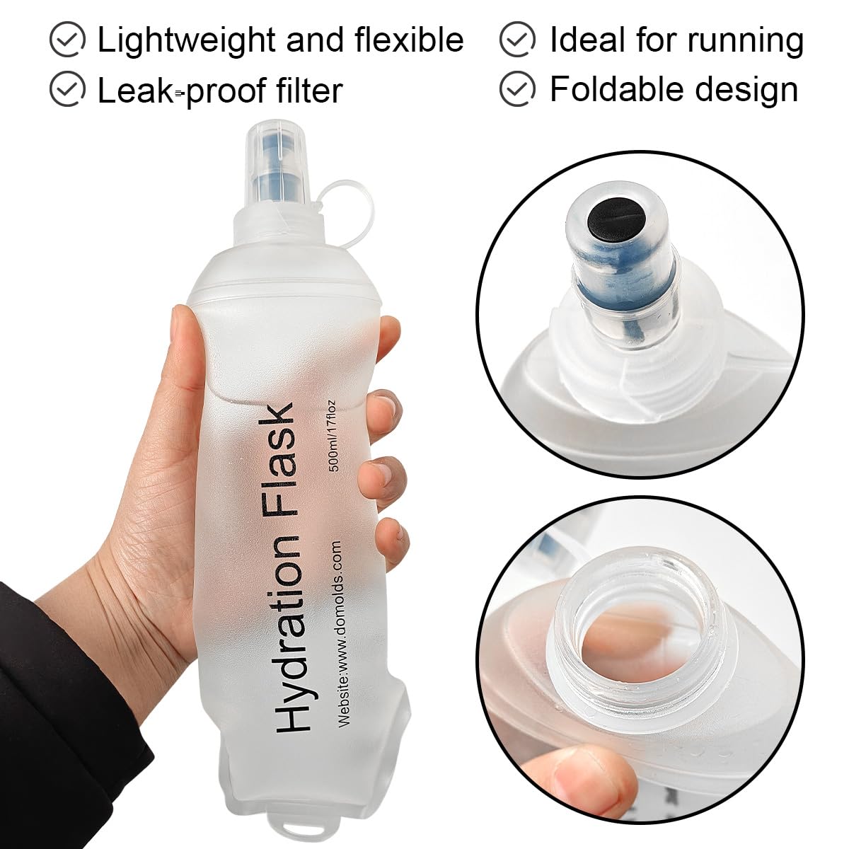 WILDREEDS 500ml Soft Flask, TPU Collapsible Soft Water Bottle for Hydration Pack, Running Vest, Folding Water Bottle for Hiking