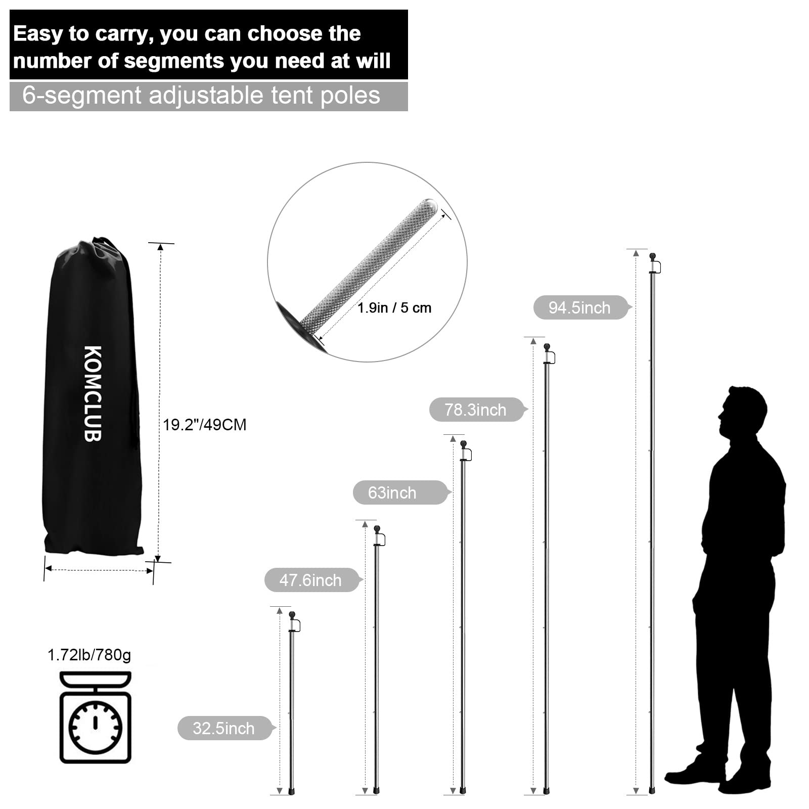 Komclub Telescoping Tent Poles Tarp Poles Adjustable 94.5'' Camping Poles Lightweight Tent Poles Stainless Steel Rods For Campin