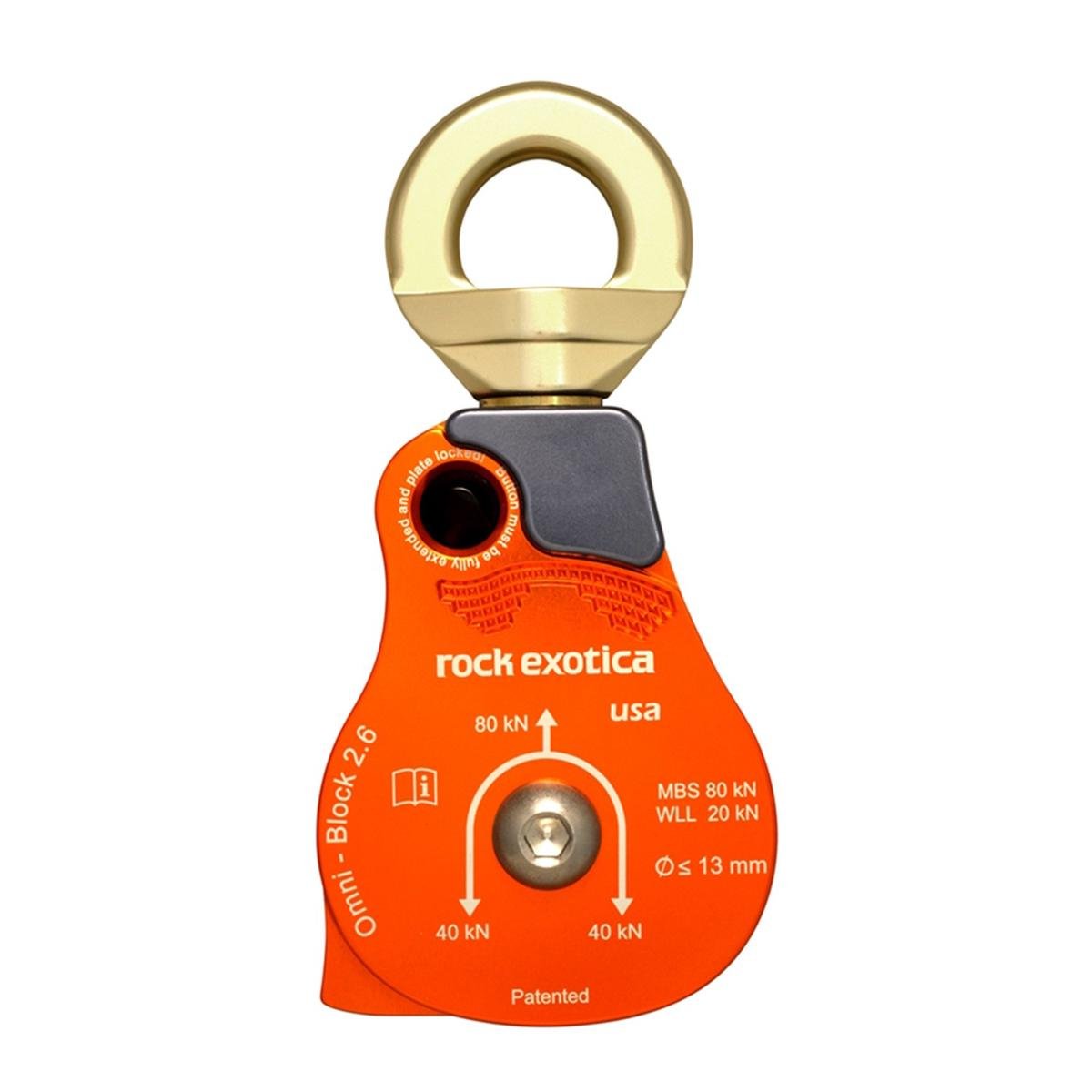Rock Exotica Omni-Block 2.6 Single Swivel Pulley - High-Strength Swivel Pulley with Sideplate Access for Rigging - Made in The U