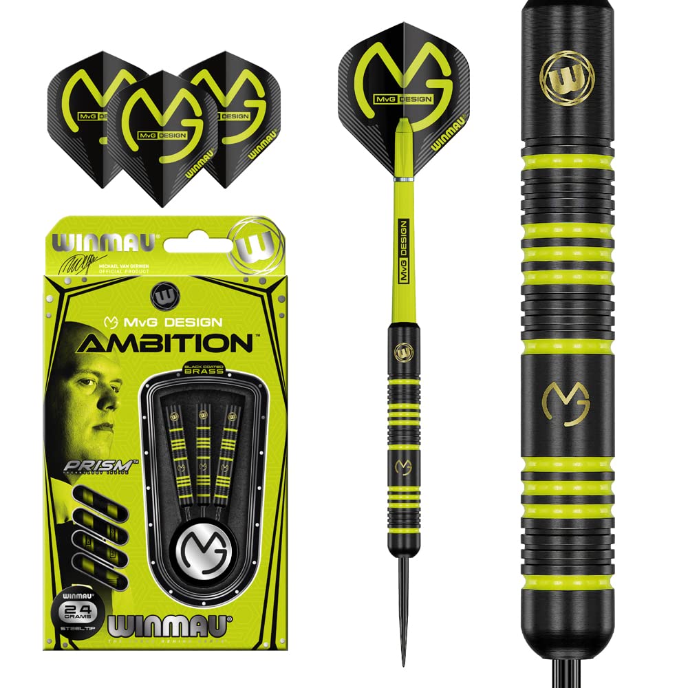 Winmau Michael Van Gerwen Mvg Ambition Brass Steeltip Darts Set 24G With Mvg Flights And Nylon Shafts (Stems)