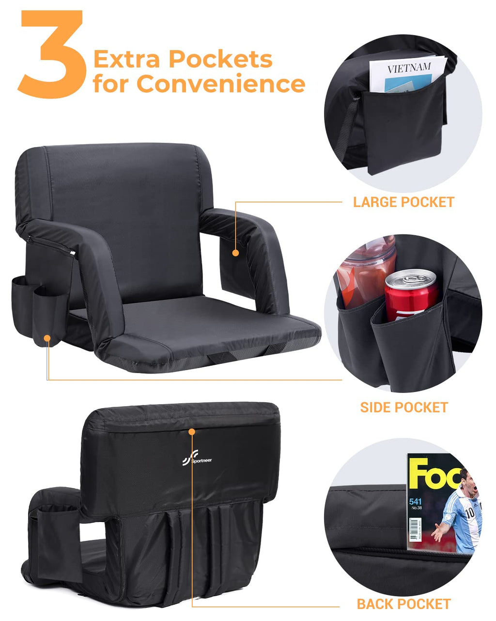 Sportneer Stadium Seats with Back Support: 2.5 Thick Comfy Cushion 6 Adjustable Angle Bleacher Seat with Armrest - 2 Large Poc