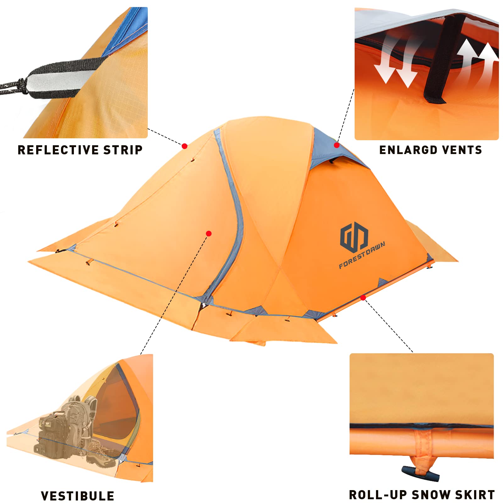 Forestdawn Camping Tent For 2 Person With 3 Aluminum Alloy Poles,Waterproof Windproof 4 Season Tent,Double Layer,Easy Setup,Prof