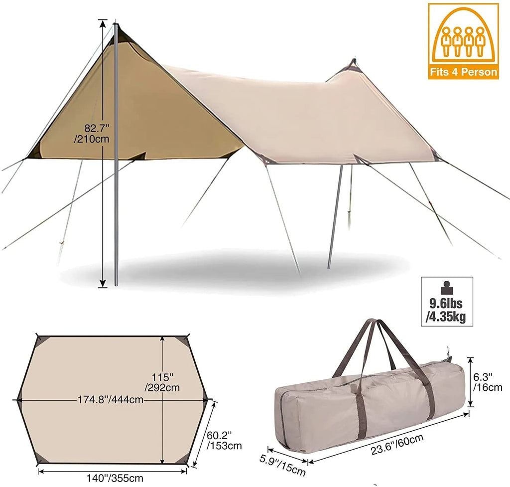 Yuewo 15?10Ft Camping Tarp With 2 * 7Ft Poles, Waterproof & Lightweight Tent Tarp, Rain Fly Sun Shelter, 210D Oxford Upf50+ Shel
