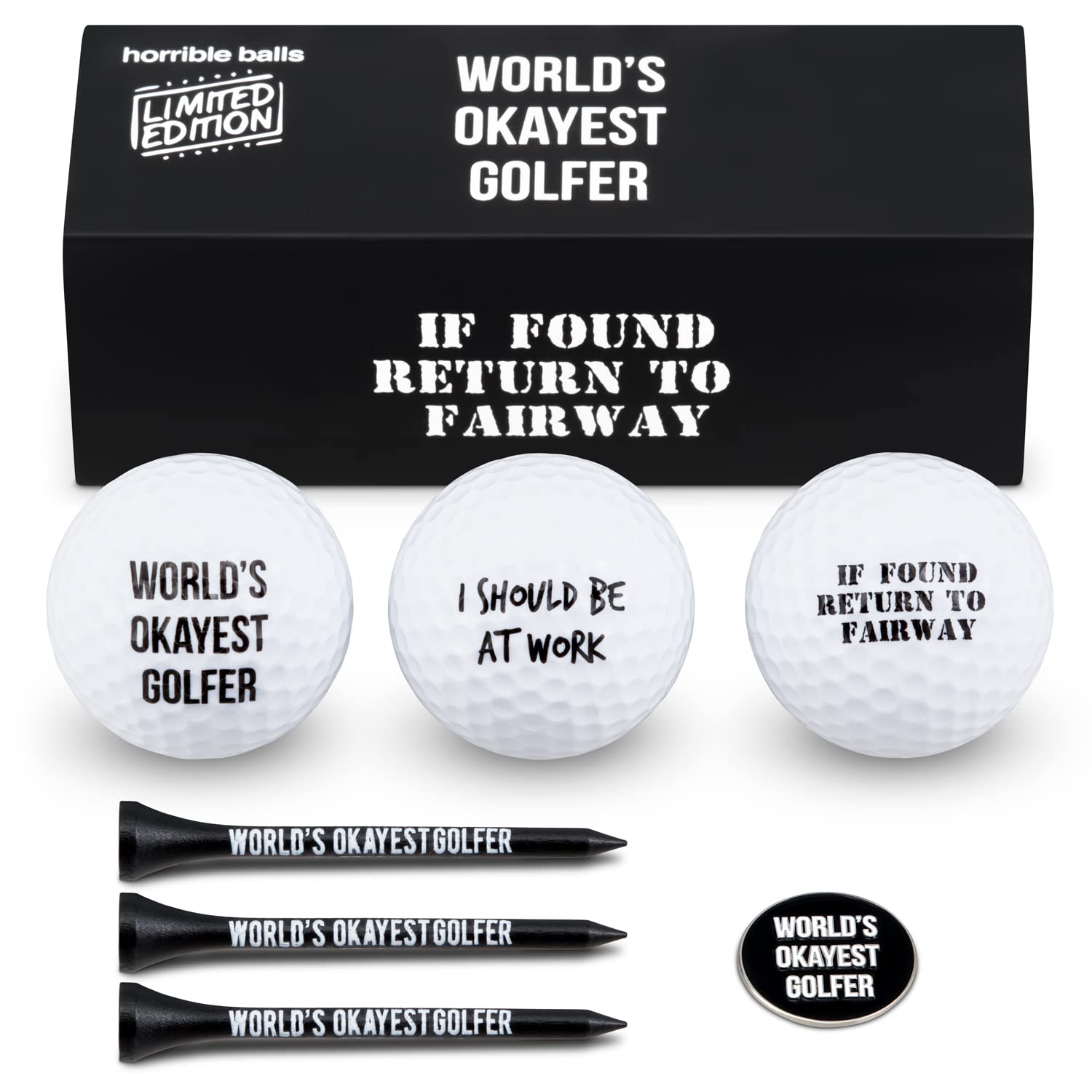 Horrible Balls Golf Funny Gift Sets- Funny Gag Novelty Present For Him For Golfers - Worlds Okayest Golfer Pack