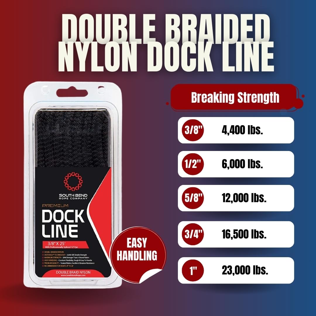 South Bend Rope Marine Grade Double Braided Nylon Dock Line W/Eye Splice (Black, 1-Inch X 35 Feet)