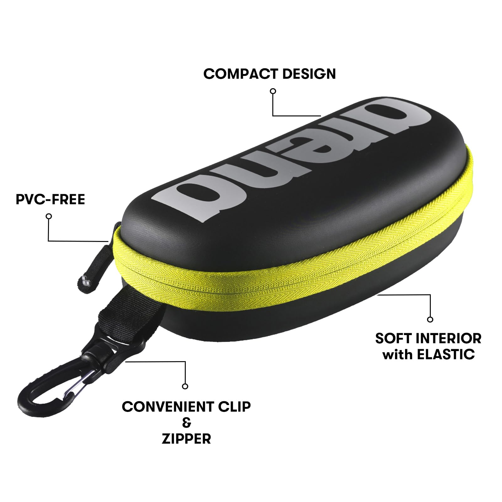 Arena Unisex Swim Goggle Case For Swimming Goggles, Hardcover Protective Carrying Case With Clip, Blacksilverfluorescent Yellow