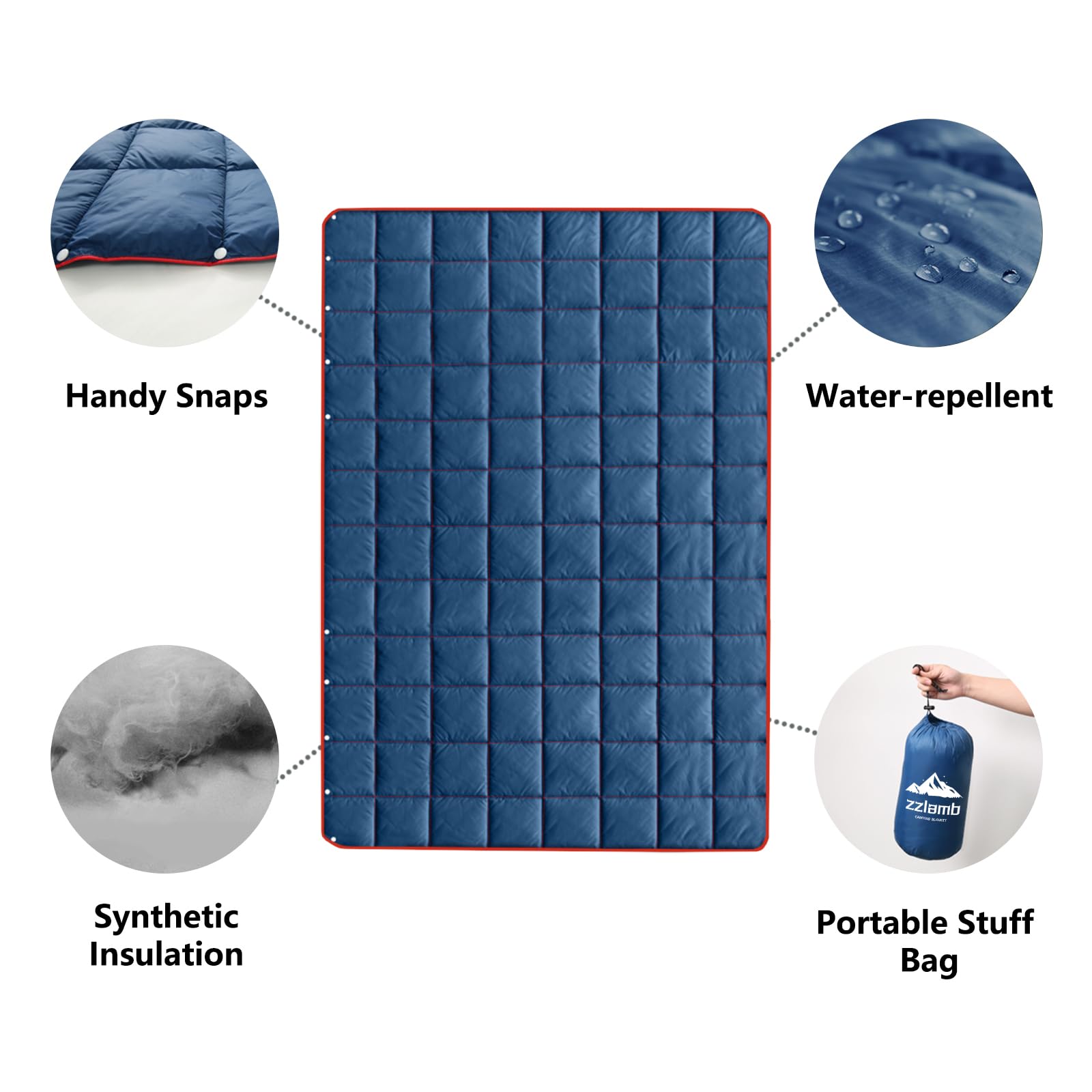 Zzlamb Packable Camping Blanket For Adults Down Alternative, Water-Repellent Compact Lightweight Soft Puffy Blanket, Warm Quilt