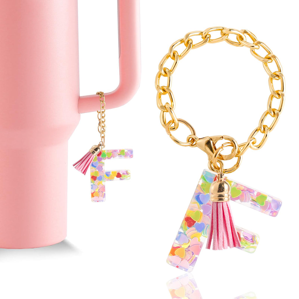 Letter Charm Accessories for Stanley Cup 1 PCS Cute Initial Keychain Handle Charm for Stanley Tumbler for Women Pink Letter F