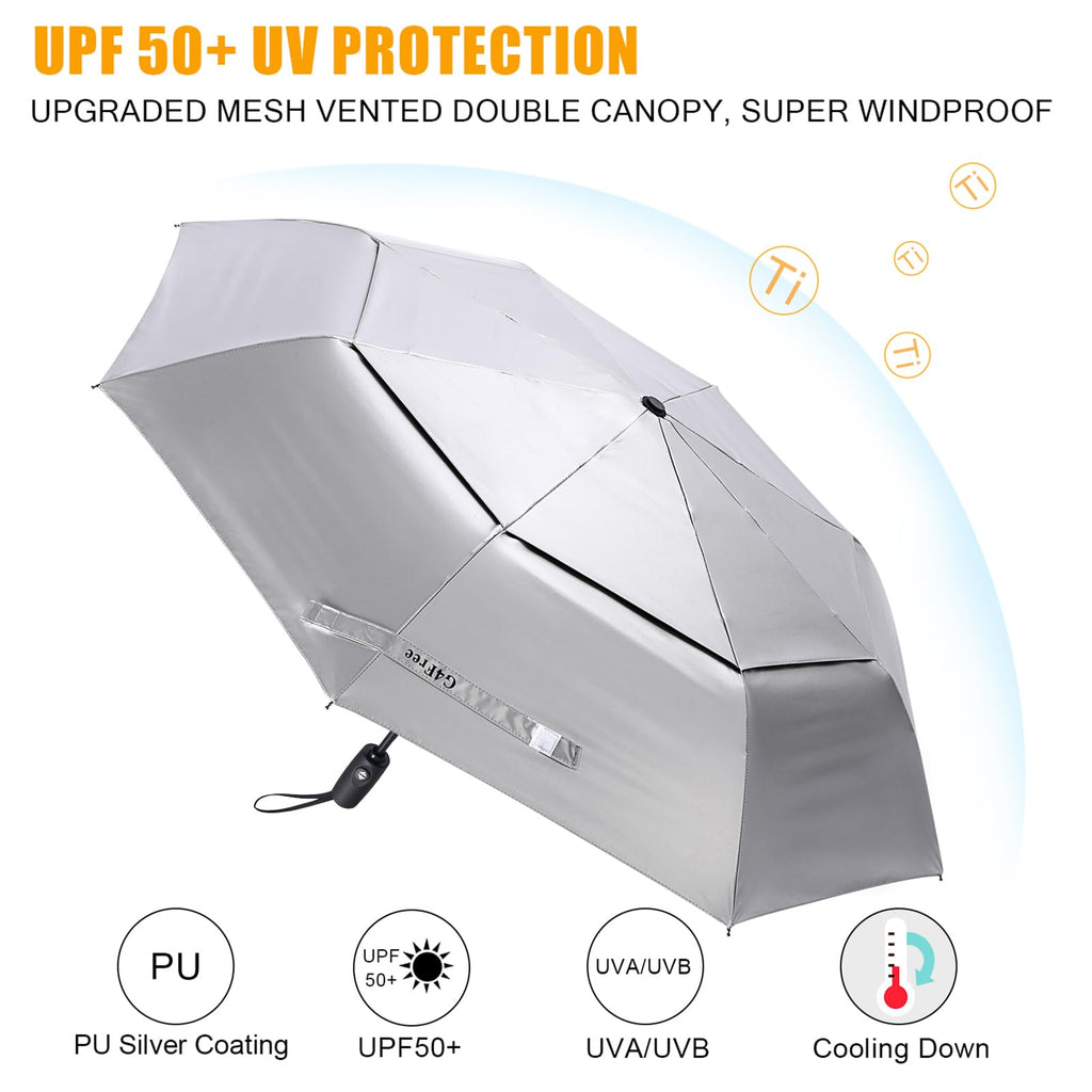 G4Free Upf 50+ Uv Protection Travel Umbrella 42 Inch Auto Open Close Silver Vent Double Canopy Folding Sun Blocking Umbrella (Si