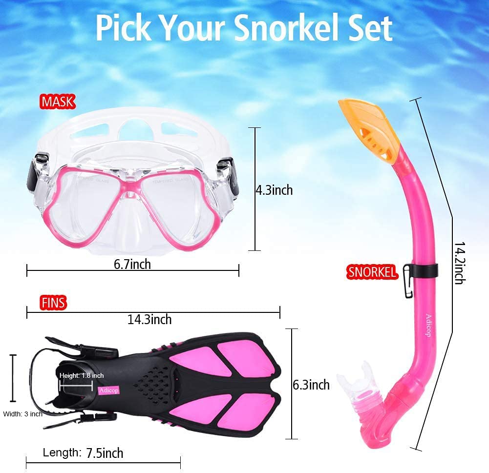 Adicop Kids Mask Fin Snorkel Set For 3-7 Years Old Boys And Girls With Panoramic Snorkel Mask Diving Goggles Dry Top Snorkel And