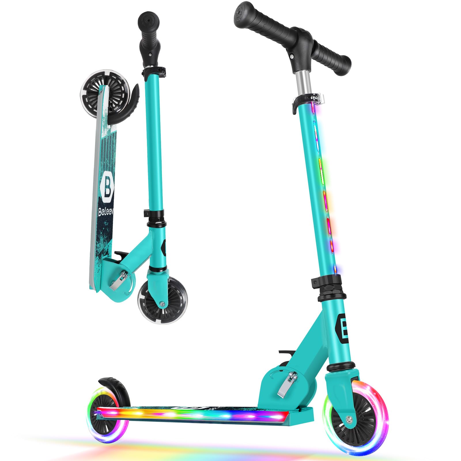 BELEEV Scooters for Kids Ages 3-12 with Light-Up Wheels & Stem & Deck, 2 Wheel Folding Scooter for Girls Boys, 3 Adjustable Heig