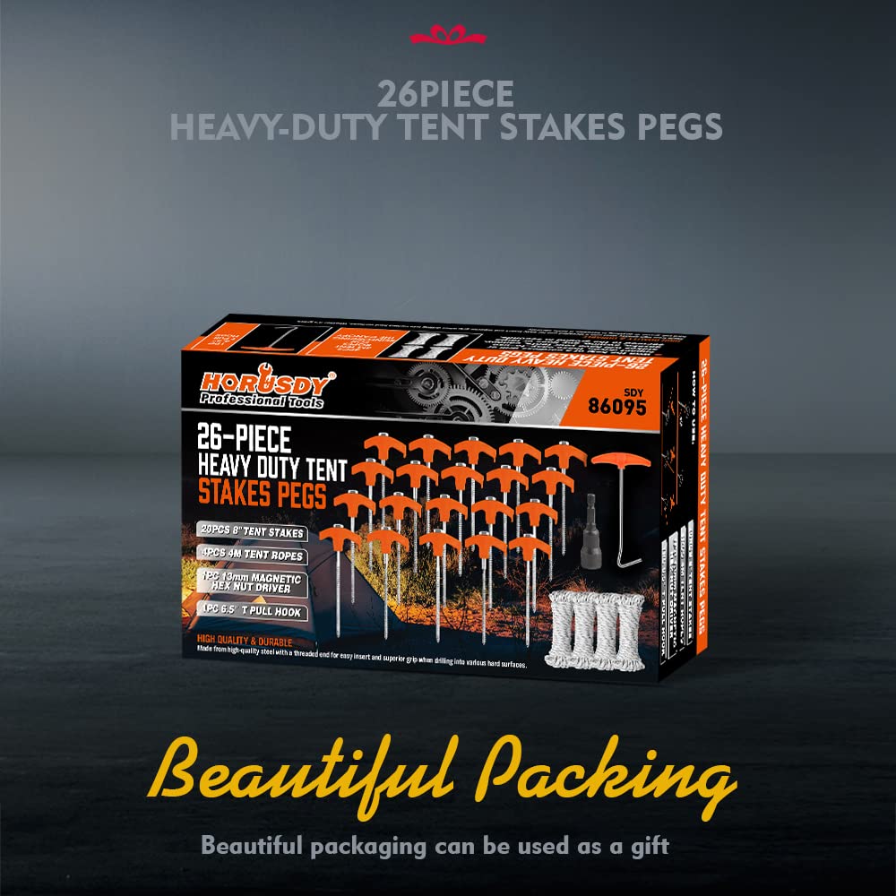Horusdy 26 Pack Heavy Duty Tent Stakes Tent Pegs Camping Stakes With With 4X13Ft Rope & 1 Stopper T Pull Hook