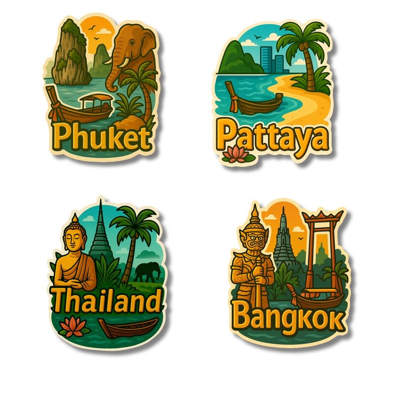Regalo Casila Thailand Fridge Magnet Set 4 Piece Souvenir Gift for Tourists Bangkok Phuket Pattaya Fridge Magnet for Kitchen Off