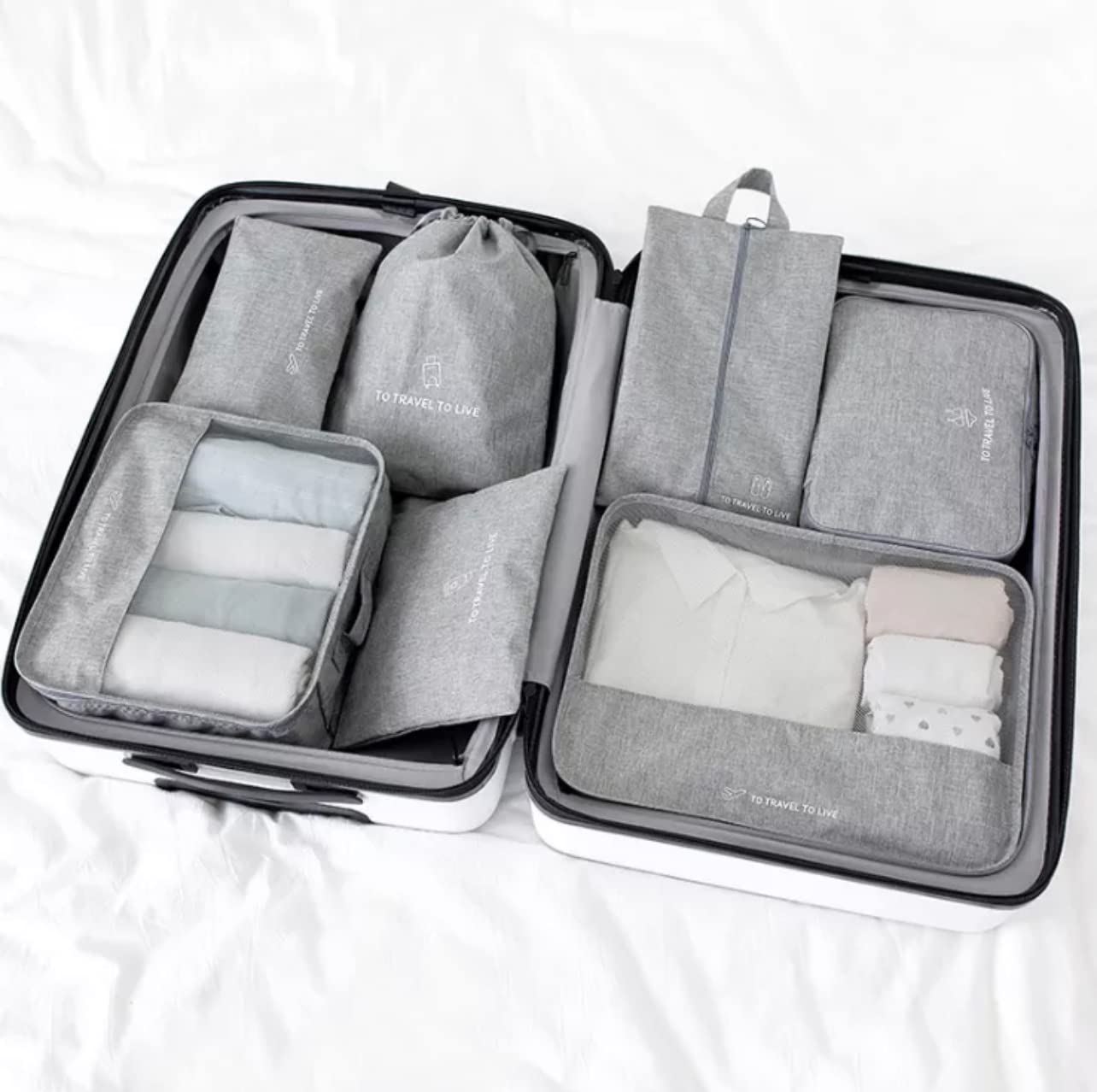 7Pcs Duffle Storage Pouch Packing Cube Storage Bags Travel Luggage Organizer Set (Gray)