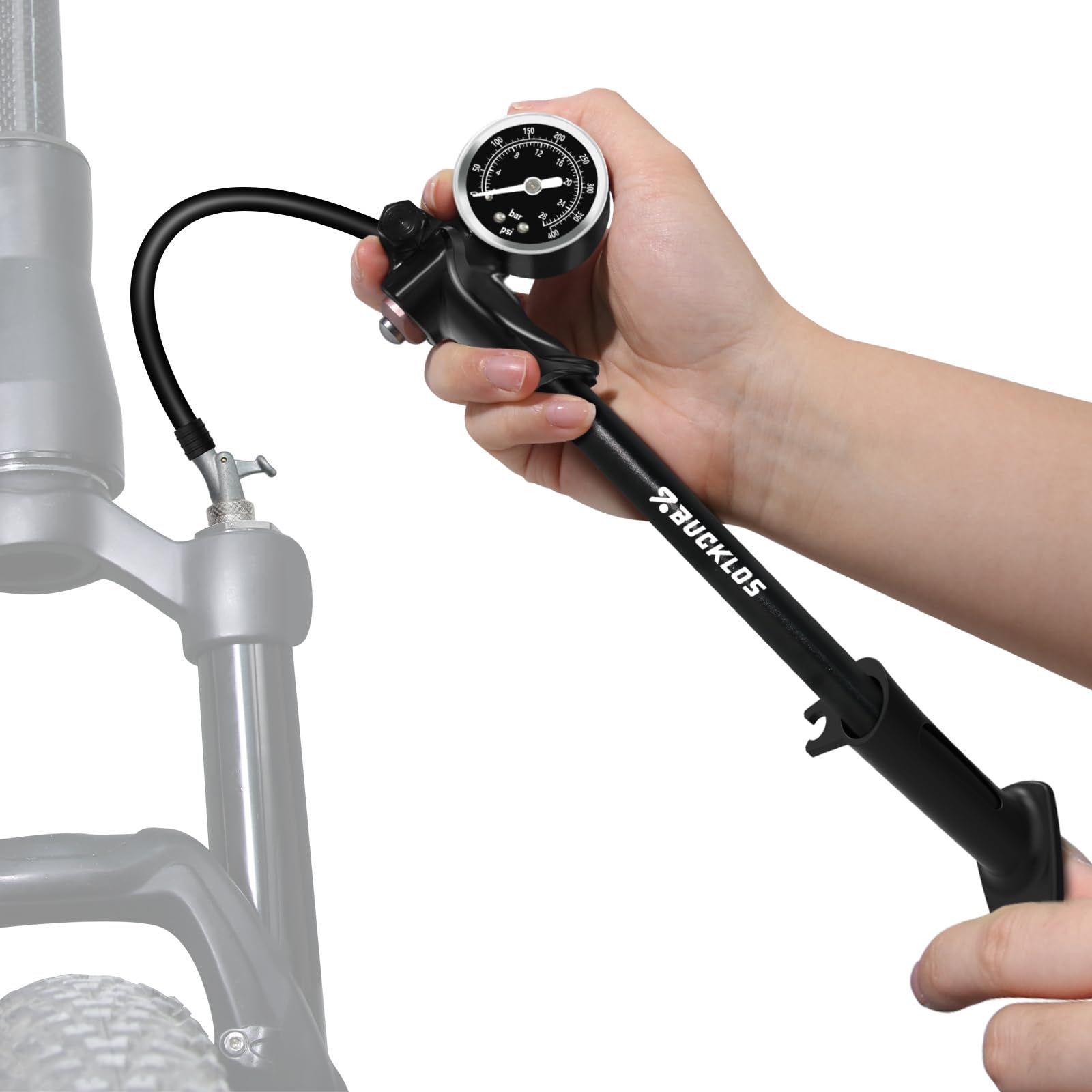 BUCKLOS Shock Pump 400 Psi High Pressure Bike Pump with Gauge Air Fork Rear Shock Bicycle Tire Pumps for Mountain, Road Bikes No